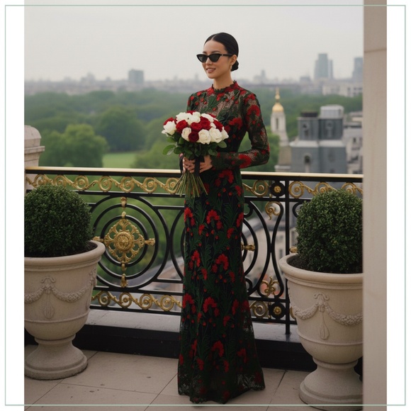 $8150 Oscar de la Renta 2024-25 Marbled Carnation Guipure Lace Runway Gown - Picture 1 of 16